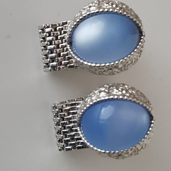 Cufflinks Vintage Swank Moonglow Cat's Eye Silvertone Metal Mesh Wrap** - Picture 4 of 10